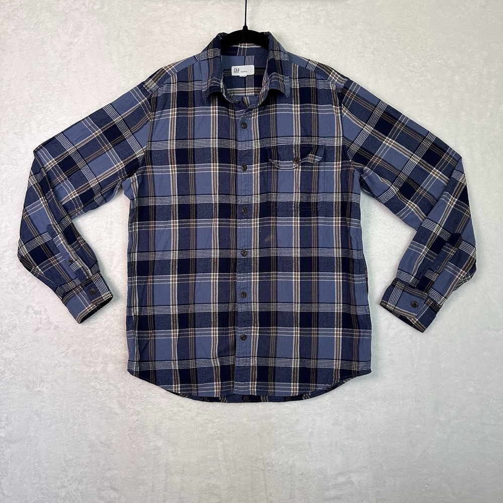 Gap Mens M Long Sleeve Blue Tan Navy Plaid Button Front Shirt EUC Spot See Pics‎